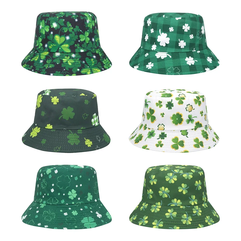 Summer Clover Print Bucket Hats for Women Men Outdoor Sunscreen Panama Female Sunshade Fisherman Hats Lady Sun Hat Reversible