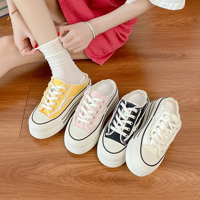 Women Frayed Edge Mule Canvas Sneakers Slip‑On Thick Platform Sole Lightweight Breathable Casual Backless Walking Slide Shoes