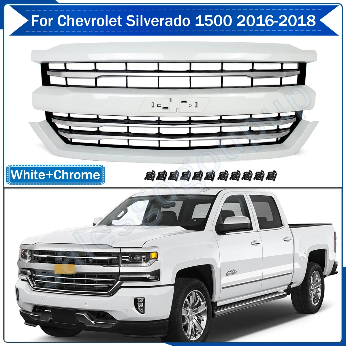 Front Grille For 16-18 Chevy Silverado 1500 LTZ High Country Summit White&Chrome