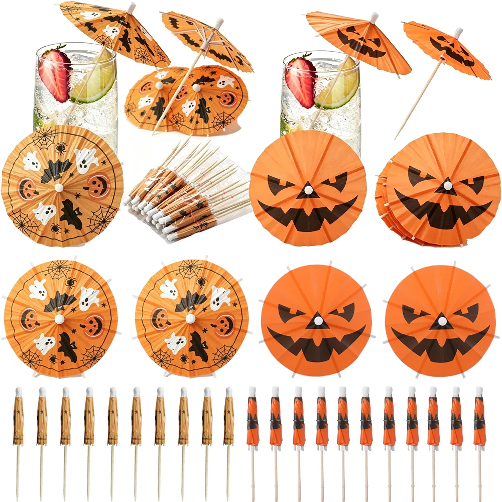 10/50/100 Stück Halloween Papier-Cocktail-Schirme Kürbis Fledermaus Mini-Cocktail-Schirme für Getränke-Dekoration Bar-Getränke-Deko – Detail 1