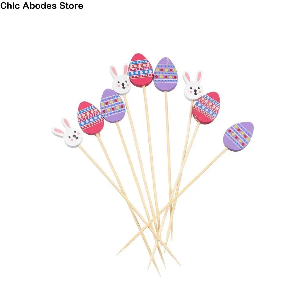 50/100Pcs Rabbit Egg Pattern Easter Disposable Bamboo Skewer Smooth Surface Cocktail Picks Food Toothpick Hamburger Topper