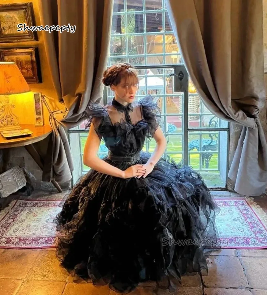 

Gothic Black Organza Wedding Dress Tiers Ruffle A-Line Long Bridal Gown Puff Sleeve Sheer High Collar Customized