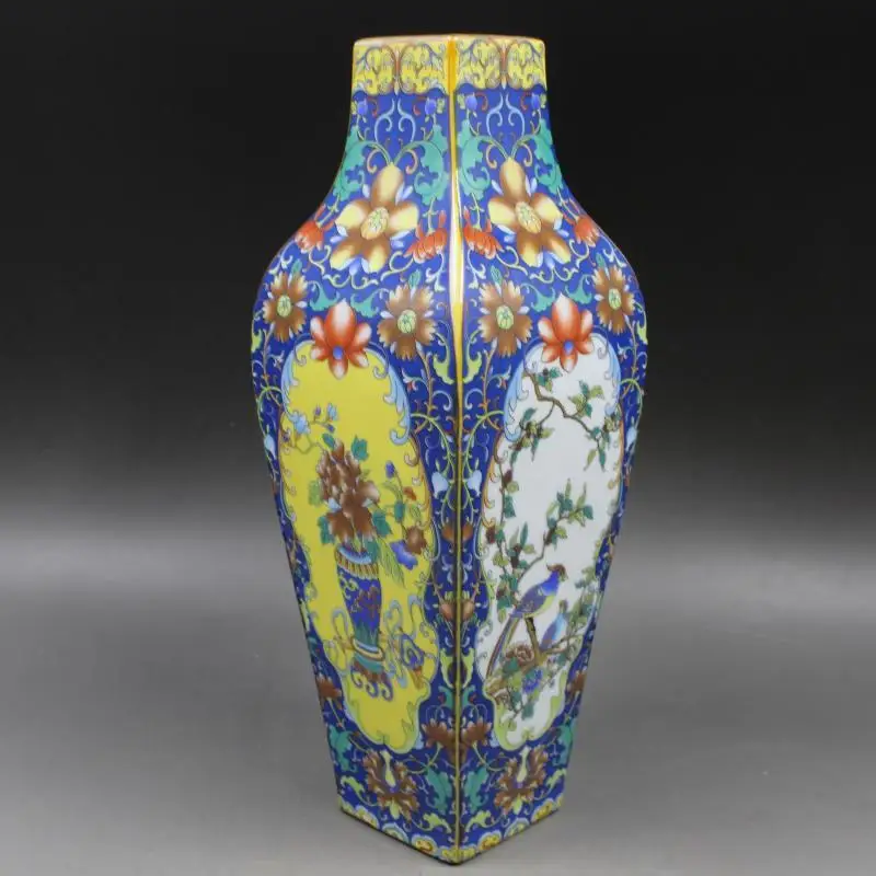 

Chinese Qing Yongzheng Blue Enamel Porcelain Flower Birds Pattern Vase 11.8 inch