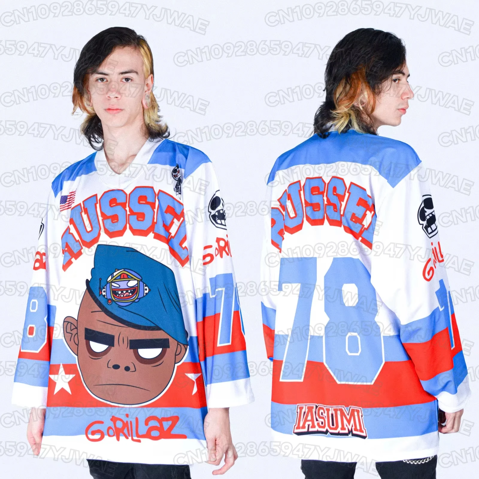 2026 New Women's Men's GORILLAZ Hockey Jersey V-Neck Plus Size Hip-Hop Street Wear Casual Long Sleeved T-Shirt Top
