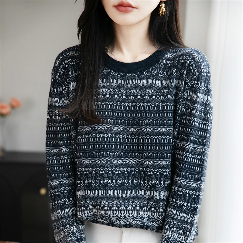 Autunno e inverno nuovo maglione di lana color block da donna moda coreana lavorato a maglia O-collo pullover allentato top da donna di vendita caldo