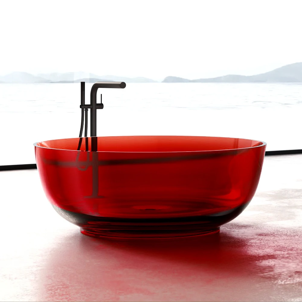 

Solid Surface Luxury Resin Crystal Soaking Bathtub Red Round Freestanding European Style Bathtub For Hotels Bathrooms Drainer