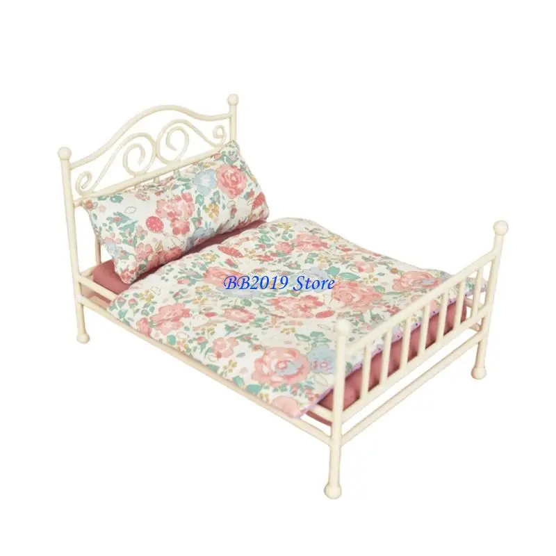 

Q0KB Элегантная металлическая кровать, модель дома, спальни, двуспальная кровать, коллекция мини-мебели в масштабе 1:12