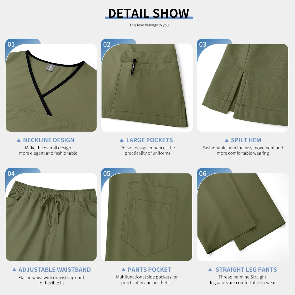 고품질 의료 의사 간호 스크럽 의상 유니폼 남여 v 넥 짧은 소매 탑 탄성 허리 바지 치과 의사 정장