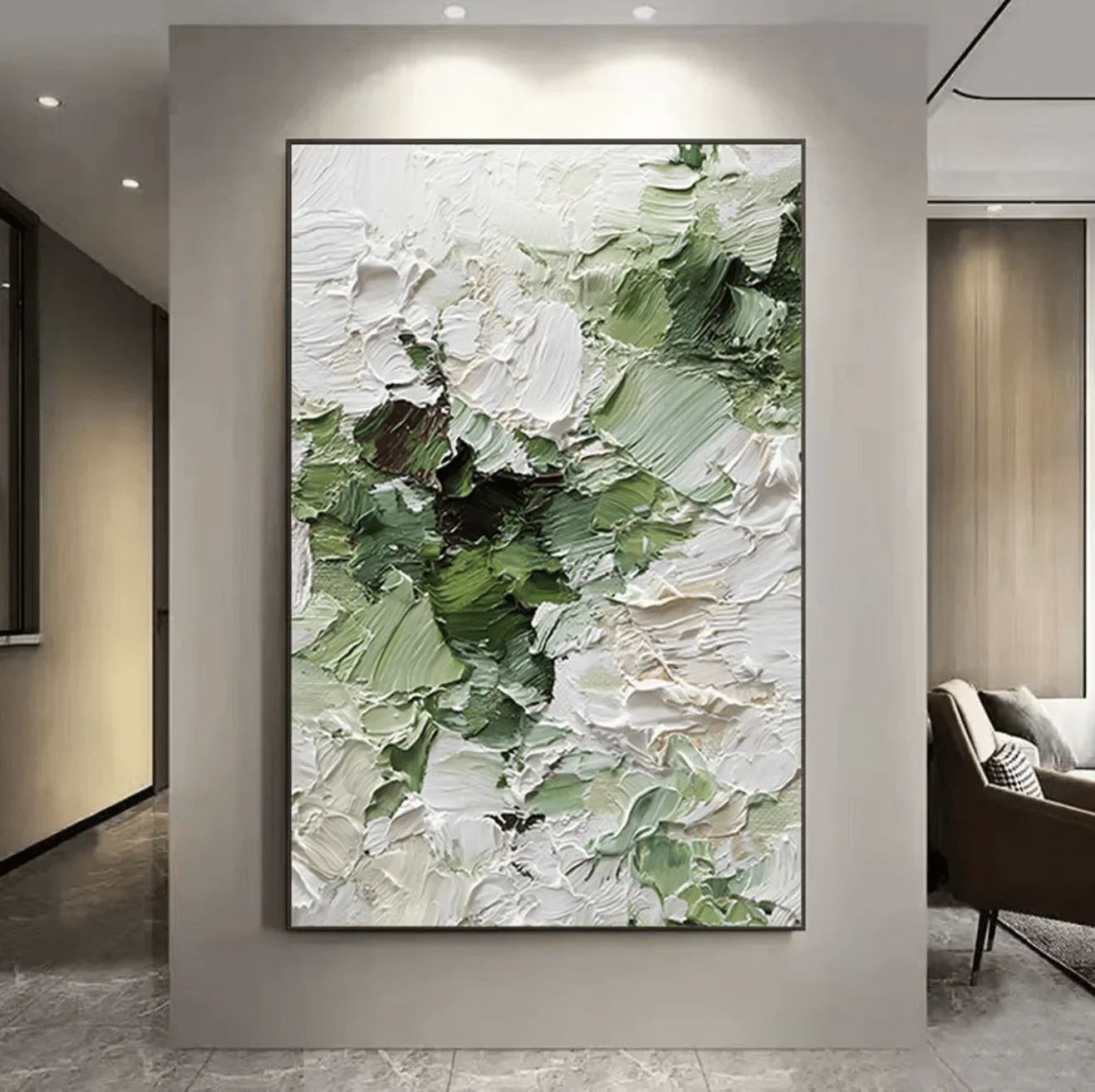 (No frame)Wabi Sabi Green White Textured Abstract Canvas Prints, Heavy Impasto Posters Living Room Bedroom Japandi Home Decor