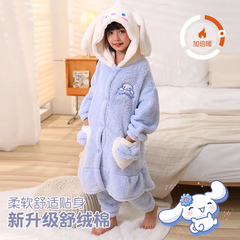 

Sanrio милый детский бархатный пижамный комплект Cinnamoroll, кавайные утепленные пижамные штаны с капюшоном для девочек, зимняя фланелевая домашняя одежда