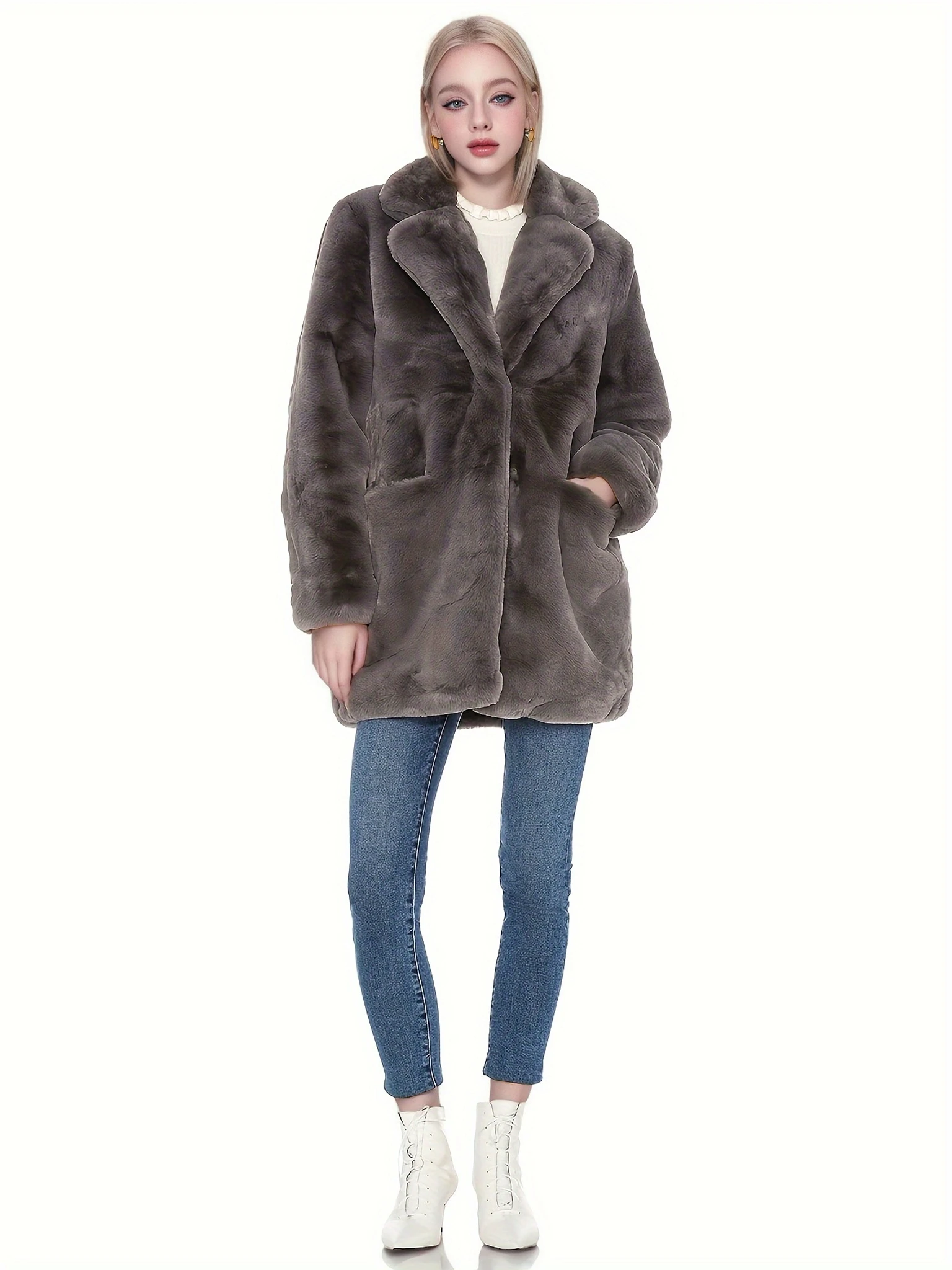 Elegant Directional Faux Rex Rabbit Fur Coat for Women - Mid-Length Solid Color Coat ,Fall Winter Casual Commuter Outerwear
