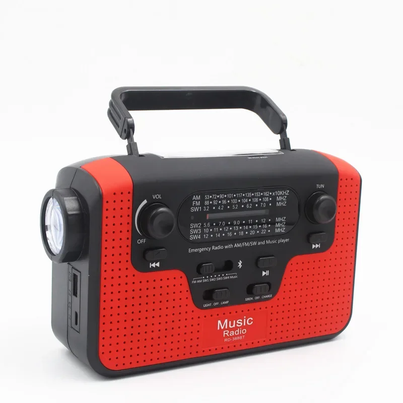 

Portable AM FM Radio LED Light Flashlight Bluetooth Speaker Mobile Phone Bank Solar Hand Power Generation TF Card U Disk Player