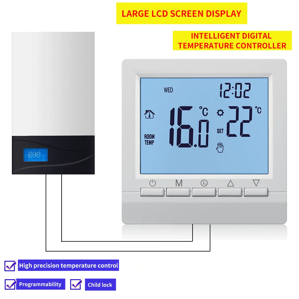 Digital Gas Boiler Thermostat Weekly Programmable Room Temperature Controller Heating Temperature Regulator AA Battery Hand Cont