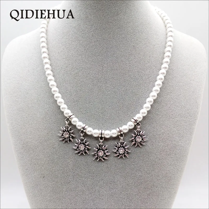 Fashion Classic Edelweiss Necklace Earring Bracelet Sets Jewelry Handmade Simulated White Pearl Chain Zinc Alloy Flower Jewelry