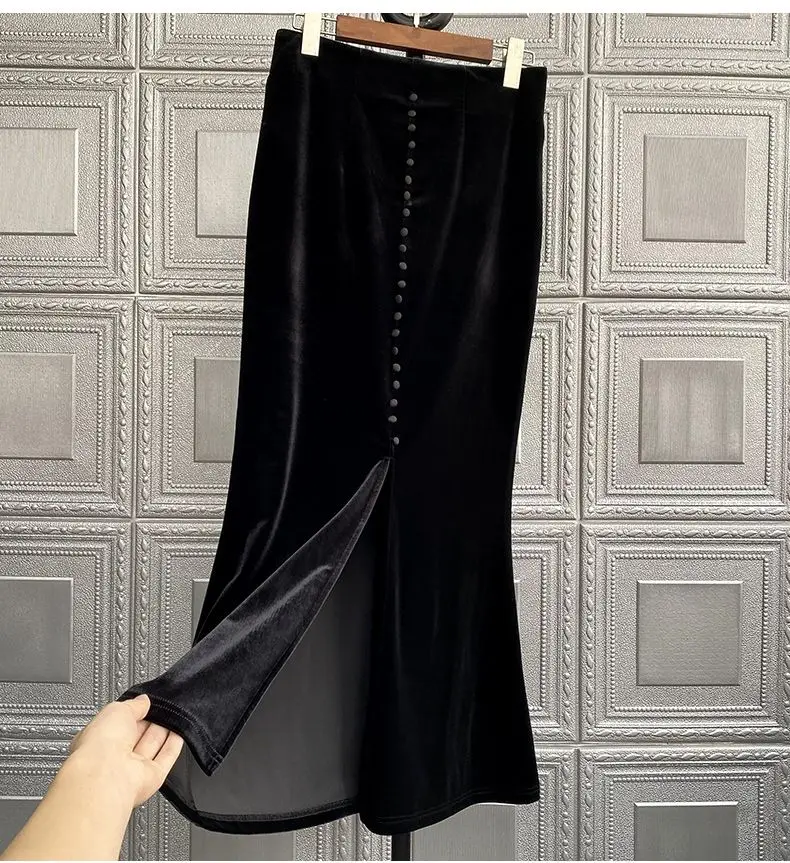 

Черная бархатная юбка в стиле ретро с высокой талией для женщин, осенне-зимние юбки «рыбий хвост», винтажные юбки Юбка Юп