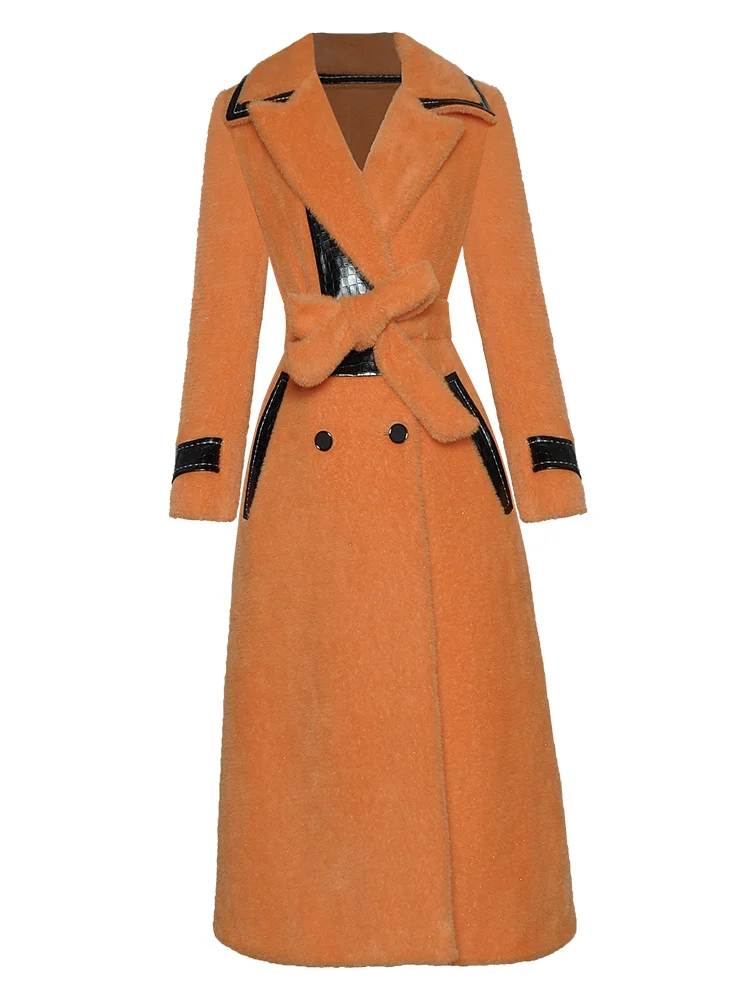 

New Designer Autumn Winter Warm Trench Women Turn-down Collar Long Sleeve Double Breasted Belt Orange Outwear Overcoat