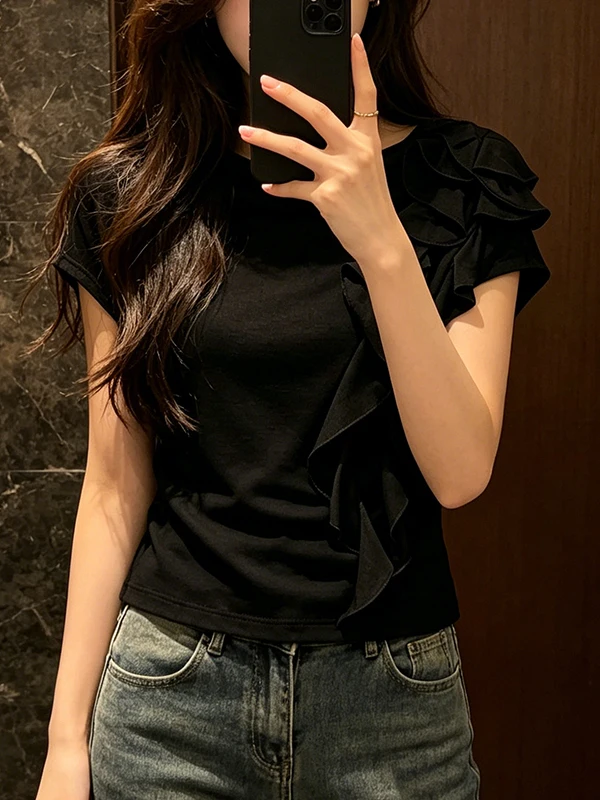 plus Size T-Shirt Women's Patchwork Loose Slimming Bell Collar Top Summer New Style Korean Style Commute Short Sleeve Thin Model