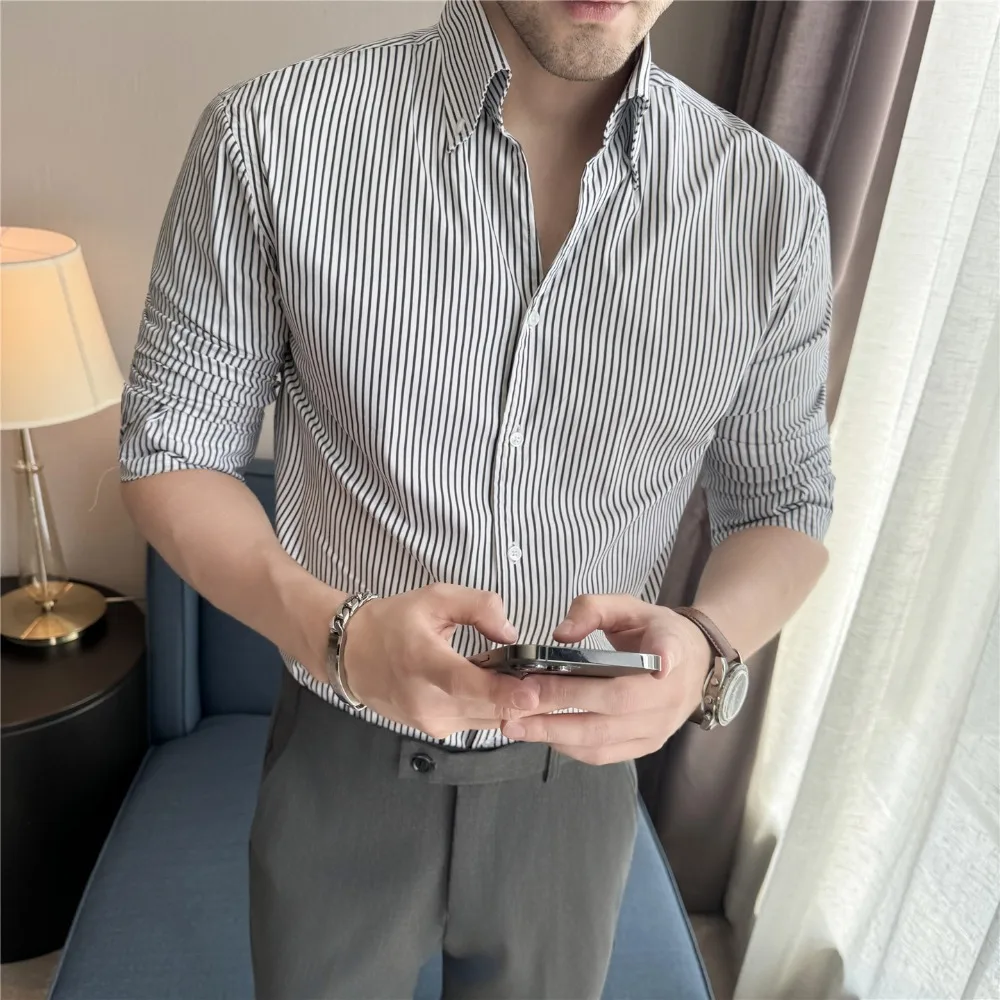 

Высококачественная полосатая рубашка для мужчин, осенние повседневные рубашки с длинным рукавом, модная приталенная деловая рубашка для работы, классическая рубашка