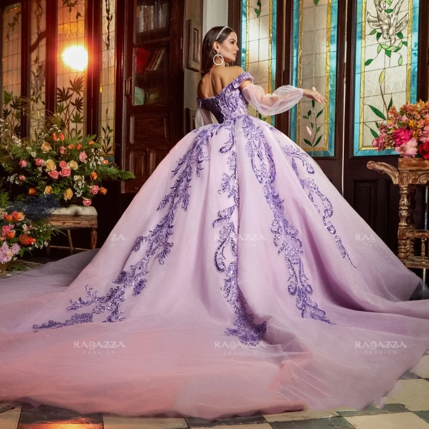 Roxo princesa personalizado quinceanera vestidos 2025 fora do ombro delicado fada frisado apliques vestidos de 15 años quinceañeras