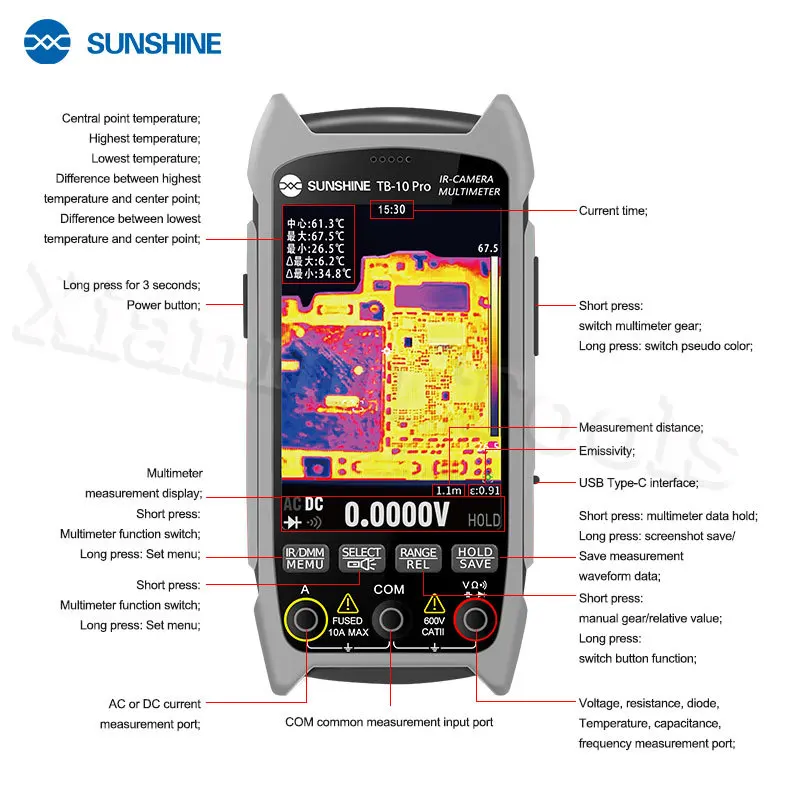 SUNSHINE TB-10 Pro Infrared Thermal Imaging Multimeter 256*192 HD Resolution For PCB Repair /Temp Measurement Pipeline Detection