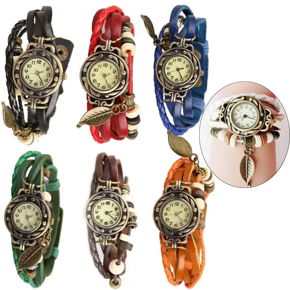 Vintage Bracelet Quartz Wrist Watch with Weave Wrap Leather Band Leaf Beads for Women