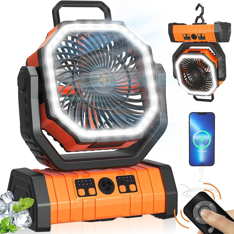 

Camping Portable Desk Fan with LED Light, Rechargeable Quiet Camping Fan, Battery Operated with Hanging Hook for Home Bedroom