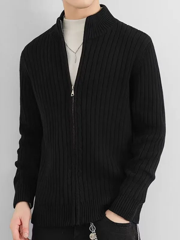 

Slim Fit Knitted Open Cardigan Men's Spring Autumn Casual Brand Stripe Sweater Stand Collar Haome Leisure Knitwear