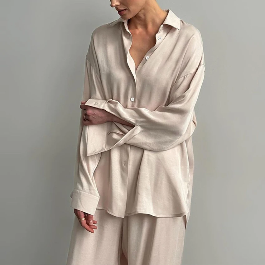 Autumn Women\'s Pajamas Loose Matte Silk Satin Sleepwear Long-sleeved Trousers Sets Home Wears 2Pcs Nightwear Home Clothes