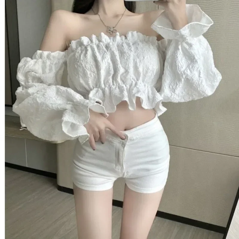 

Blusa Feminina винтажная рубашка с открытыми плечами Blusas Mujer женские укороченные топы с длинными рукавами корейская сексуальная вечерние блузка женские элегантные топы