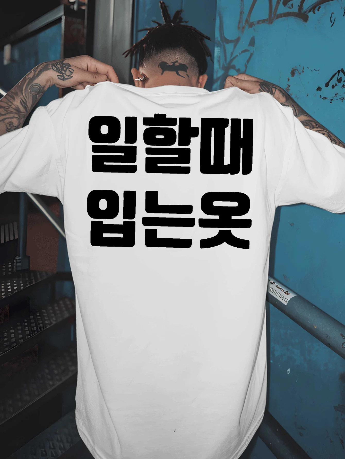 Streetwear Mens Crew Neck Cotton T Shirt Large Korean Hangul Font Back Side Print Short Sleeve Urban Casual Street Fashion Top