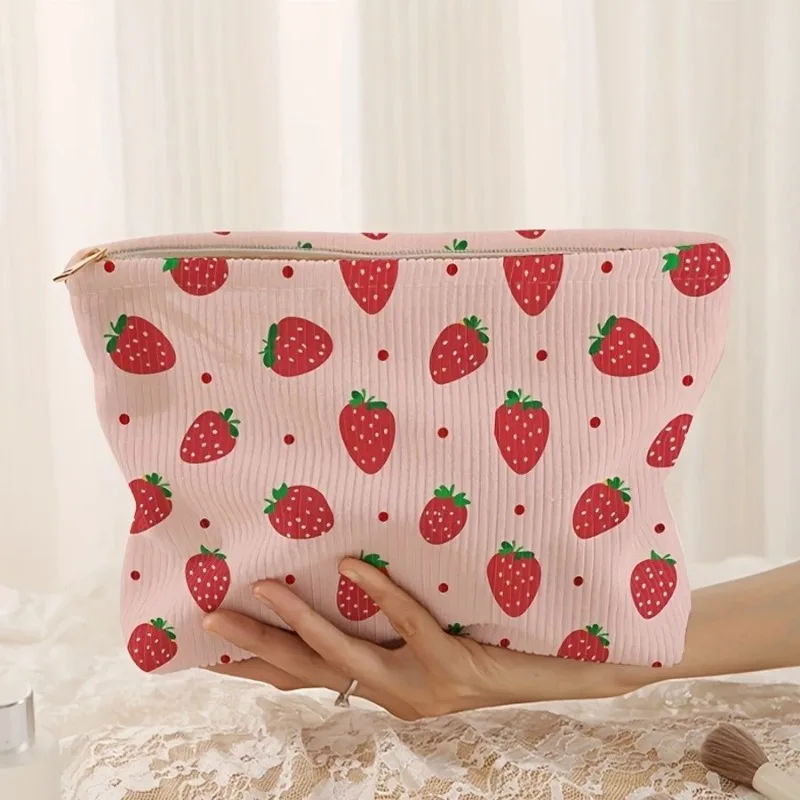New Pink Strawberry Makeup Bag Sturdy Durable Corduroy Casual Cute Strawberry Clutch Bag Makeup Brushes Cosmetics Storage Bag