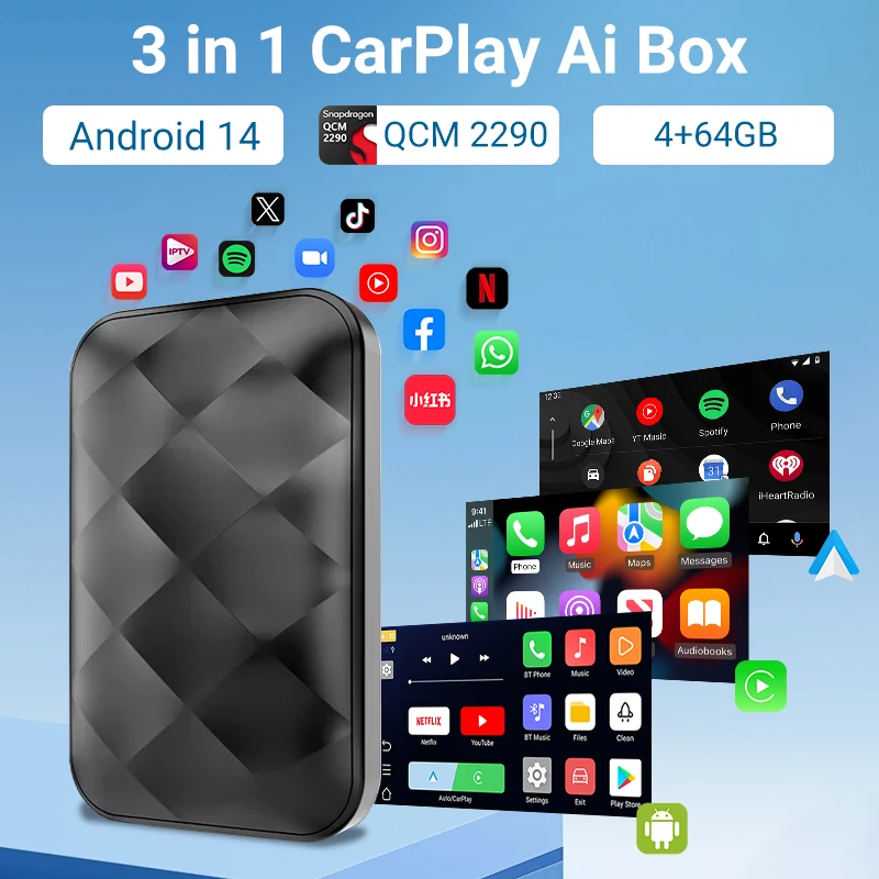 Acodo 2025 Android 14 3In1 CarPlay Ai Box Wireless Android Auto USB Adapter For Youtube Netflix Universal TV Box Plug And Play