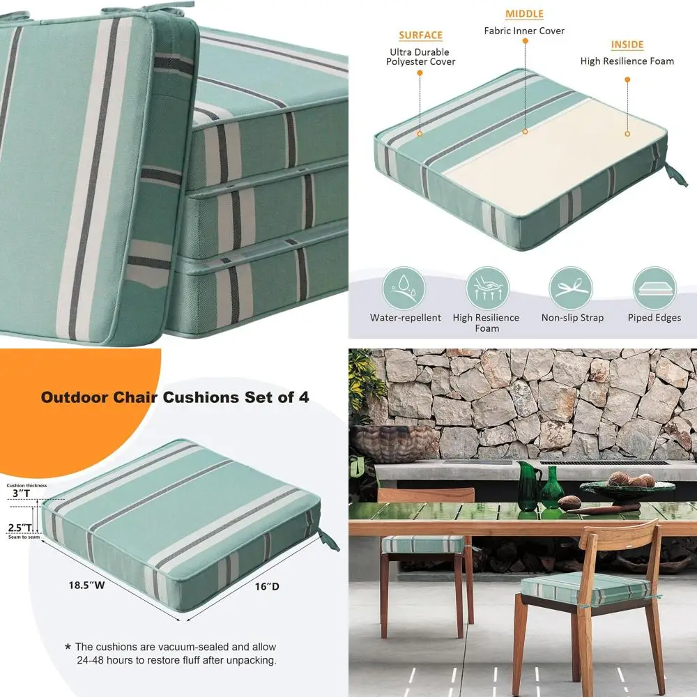

Set of 4 Aqua Stripe Square Seat Cushions, 18.5 x 16 x 3, Indoor/Outdoor Water-Resistant Chair Pads for Patio, Deck, Dining Chai