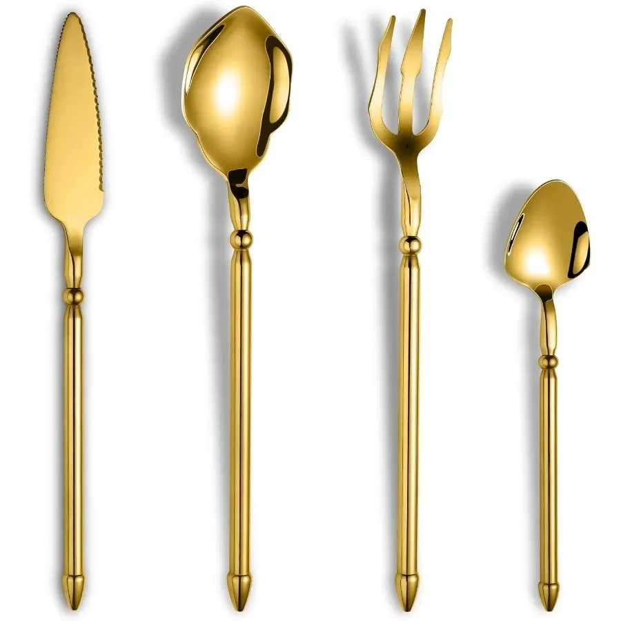 

Gold Unique Silverware SetArtistic Stainless Steel Cutlery Set of 4 Piece Craft Flatware Set with Doubleedged Knife Mirror Poli