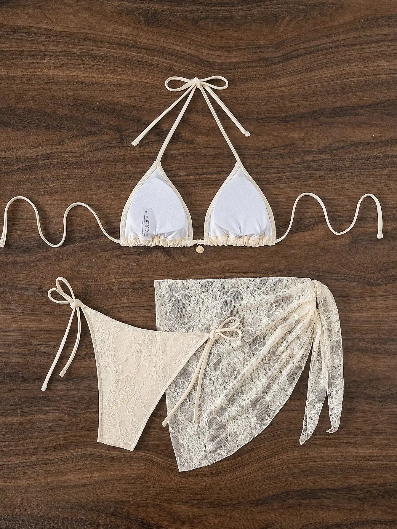 

3-Piece Lace Halter Bikini Set With Cover Up For Beach Summer