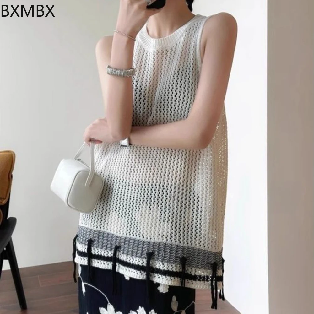 

trendy design sense niche hollow vest women's summer new pullover micro transparent sleeveless knitted sweater