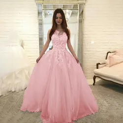 Women Floral Lace Pink Dress Wedding Elegant Chiffon Evening Party Maxi Dress Ball Gown V Neck Sleeveless Long Dress Vestidos