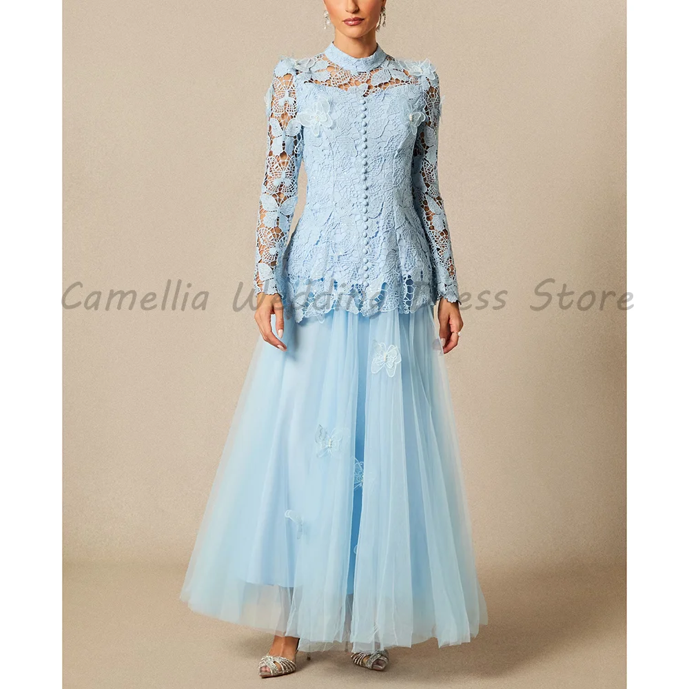 

Light Blue High Neck Lace Two Piece Mother Of The Bride Dress Long Sleeve 3D Butterfly Tulle Ankle Length Formal Evening Gown