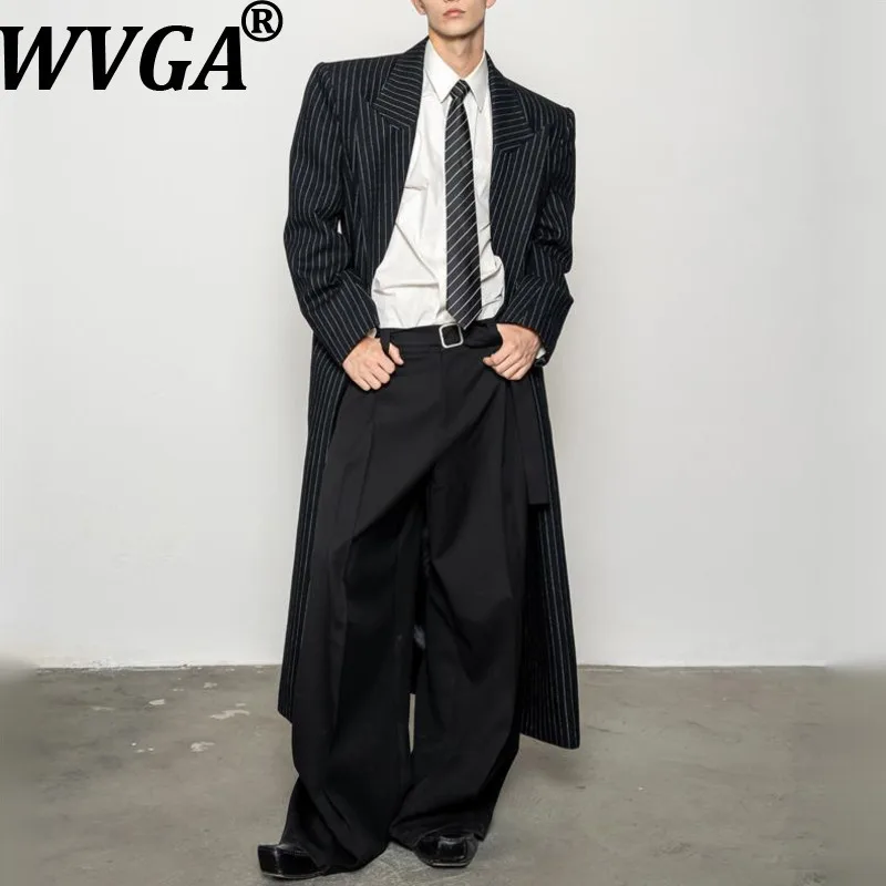 

WVGA Autumn Winter New Man Tide Striped Trendy Turn-Down Collar Coat Niche Chic Casual Wide Shoulder Long Woolen Coat Ins W14683