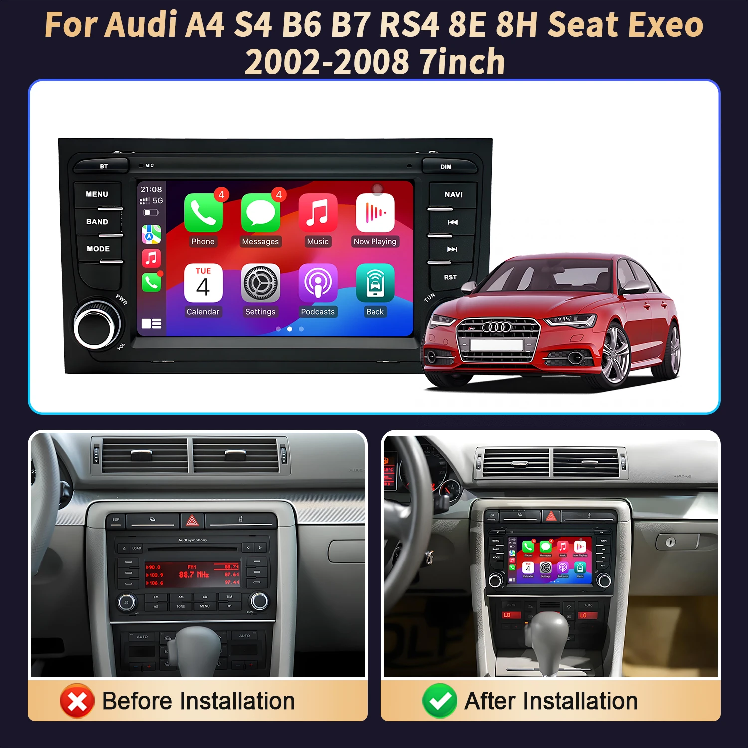 7 بوصة لأودي A4 S4 B6 B7 RS4 8E 8H مقعد Exeo 2002 2003 2004-2008 راديو السيارة اللاسلكية CarPlay أندرويد 14 الوسائط المتعددة 7862 شاشة