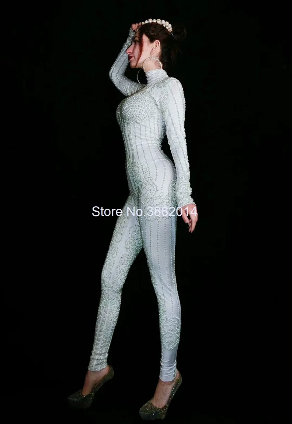 موضة اللؤلؤ الأبيض ثوب بودي كون بنطال ليجينز يتمدد المرأة مثير ملهى ليلي حفلة الزي الإناث طويلة الأكمام ارتداءها المرحلة ارتداء