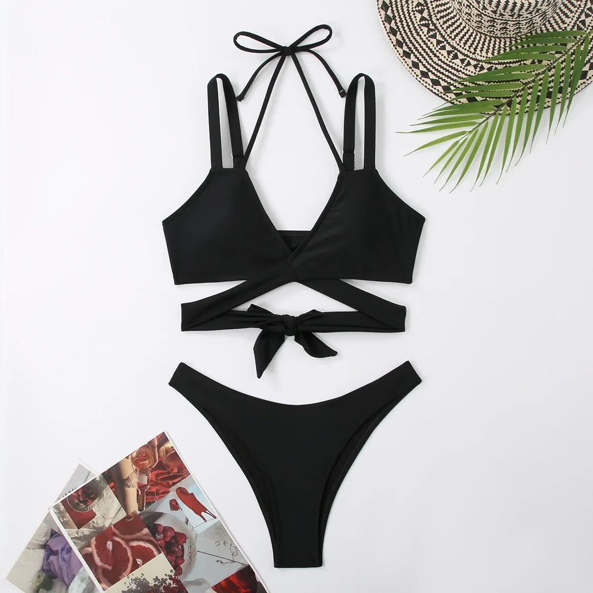 Women Strap Ties Bikini Set 2024 Female Solid Sexy Swimsuit 2 Pieces Sexy Swimwear Beach Outfits Damen Bathing Suit Push Up