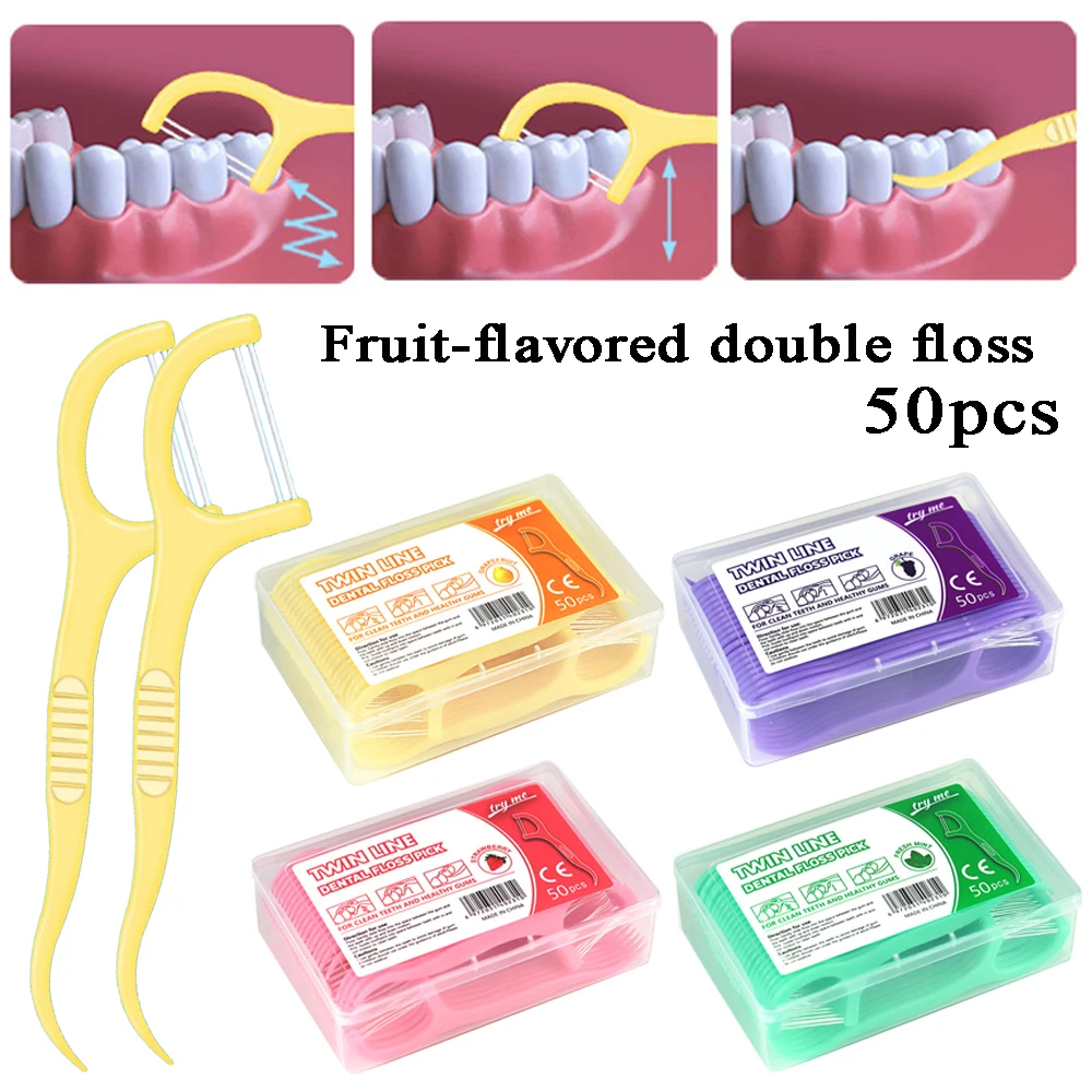 30/50Pcs Box Fruit Flavor Dental Floss Pick Teeth Cleaner Double Line High Tensile Force Teeth Stick Portable Toothpick Hygiene