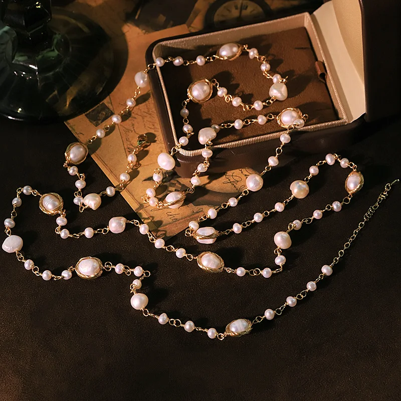 

Оригинальное длинное ожерелье с натуральным жемчугом для женщин, очаровательное свитер-цепочка на ключицу, модные украшения, колье, ожерелья, подарки