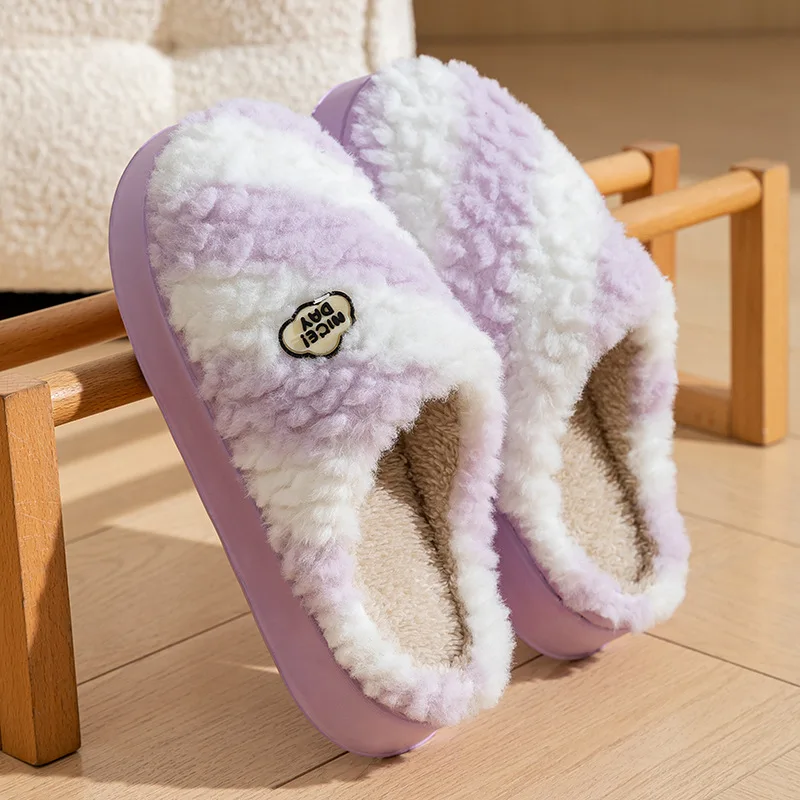 

New Autumn and Winter Women Home Indoor Non-slip Warm Furry Slides Fashion Mixed Color Plush Lining Home Cotton Slippers for Men