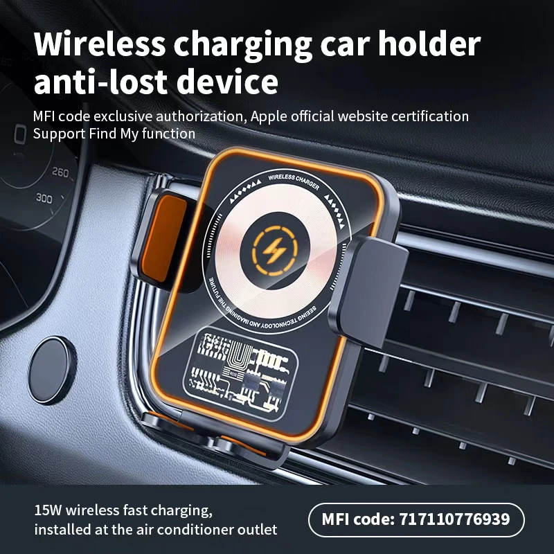 GPS tracker compatible with Apple iOS, usable in all cars, combining a wireless charger, phone holder, and locator in one device