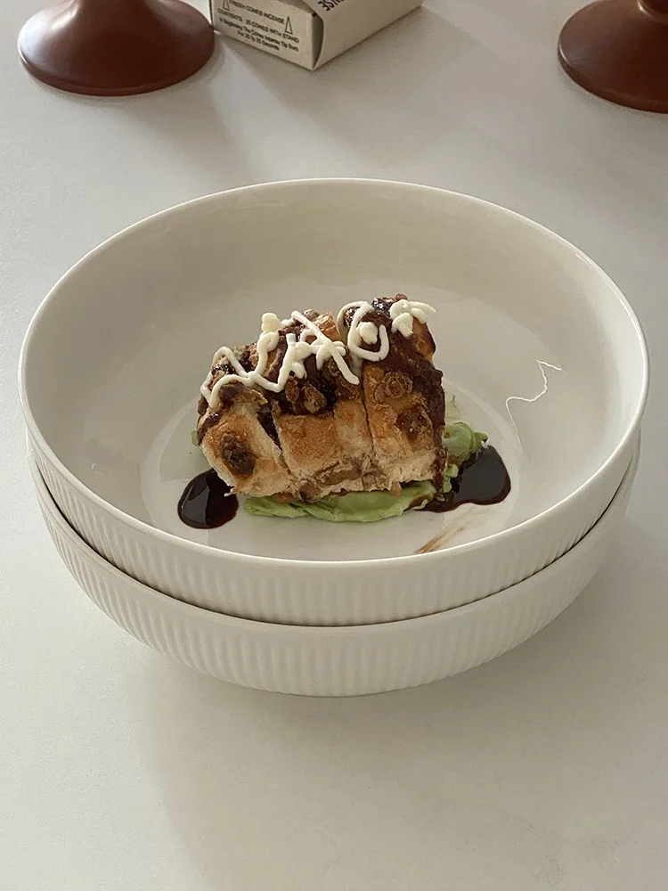 

White Cerc Soup Plate 88 Inches Deep Relief Vertical Stripes Large Capaci Salad Plate Nordic Sle Pure Color Bowl