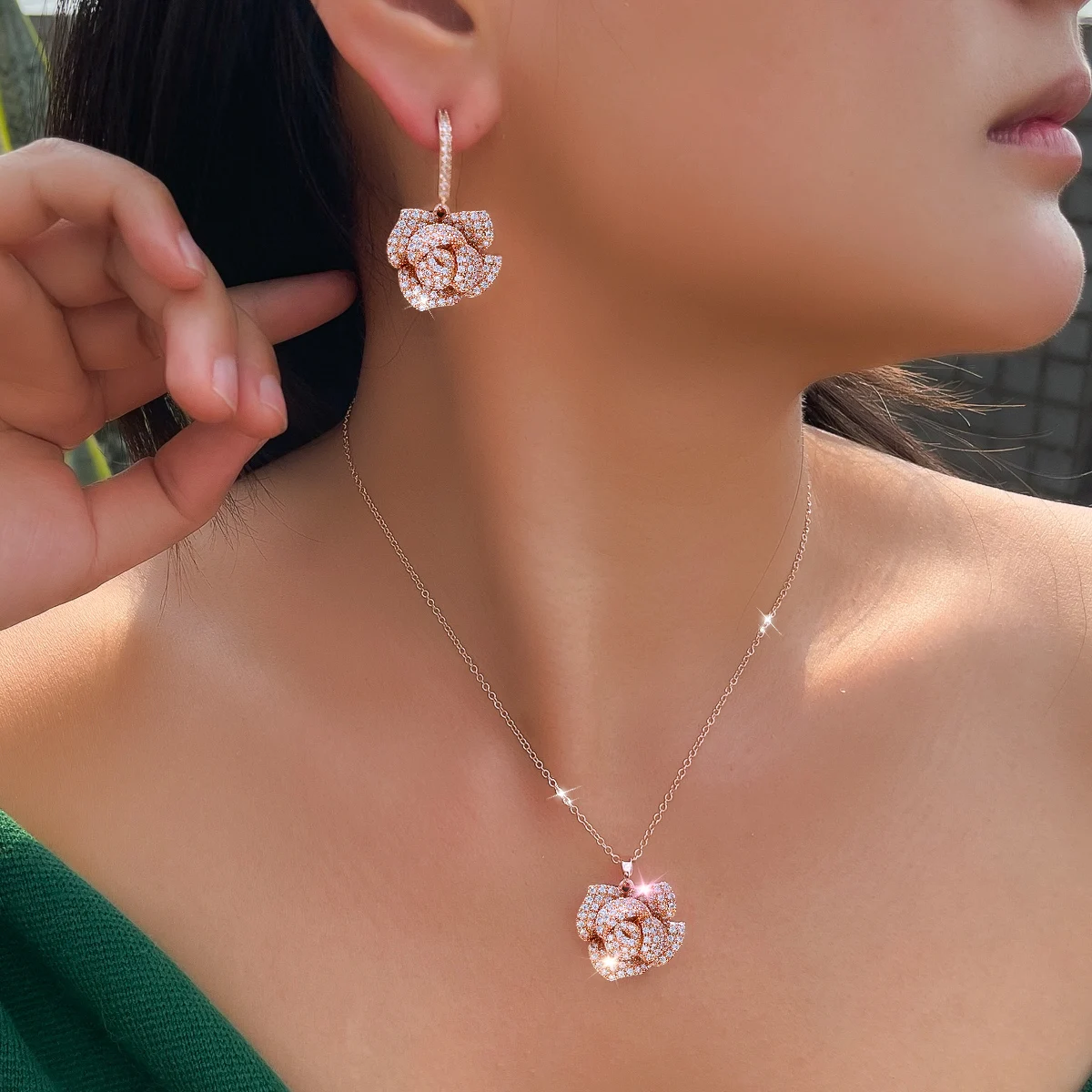 CWWZircons Geometric Flower Design Cubic Zircon Fashion Brand Women Rose Gold Color Earrings Necklace Pendant Jewelry Sets T0015