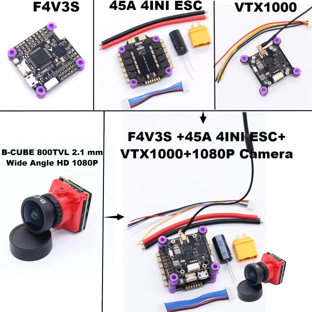 F4V3S/F4V3S PLUS + 45A/60A 4IN1 ESC + VTX1000 + 1080P Camera INAV Betaflight Board Barometer OSD Quadcopter RC Drone FPV Racing