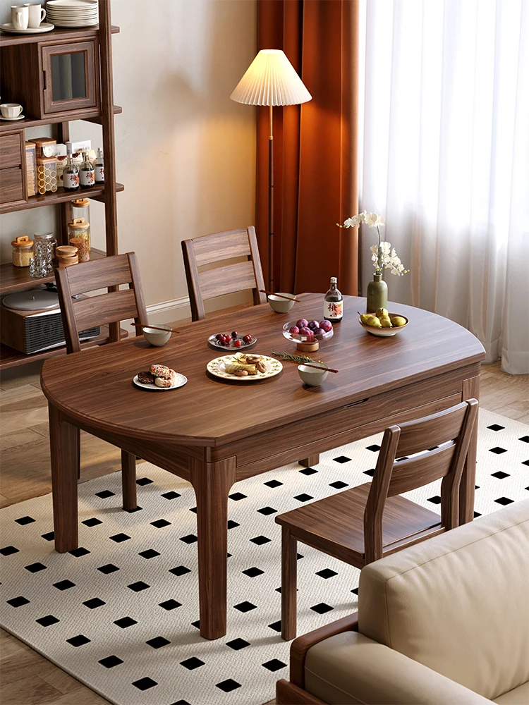 LMM all solid wood black walnut tables and chairs solid wood folding dining table square and round dual-purpose